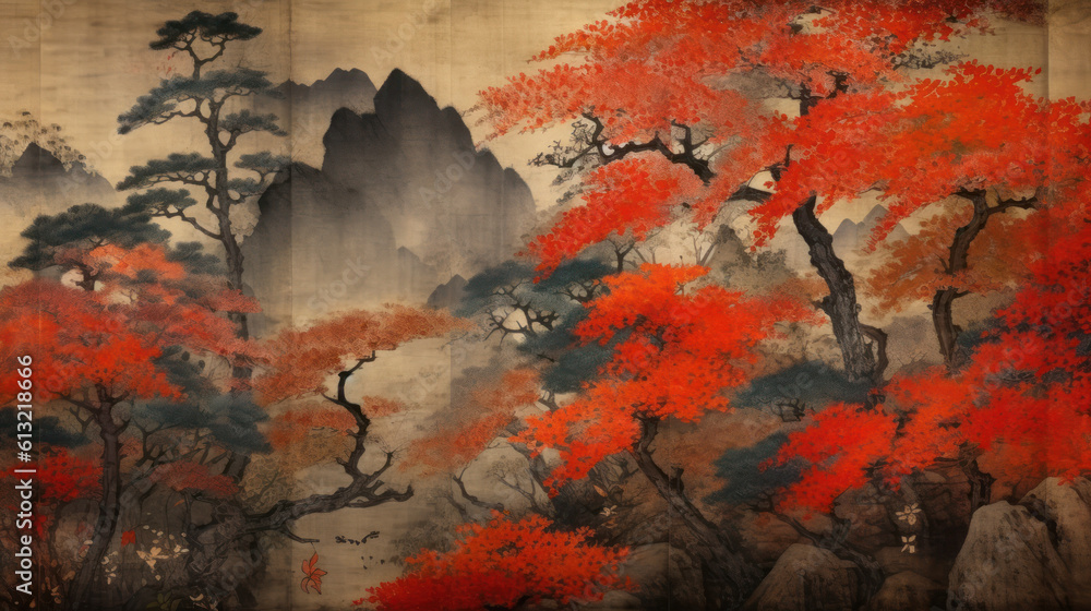 Oriental Serenity: Byobu Style Autumn Maple Tree Painting. Generative AI.