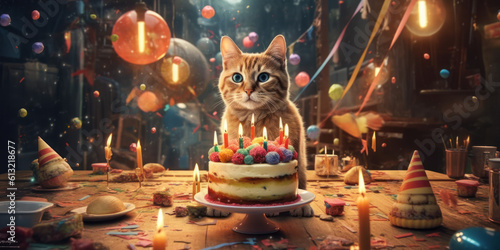 Whisker Wishes: Kitten Celebration with Candles and Treats. Generative AI.