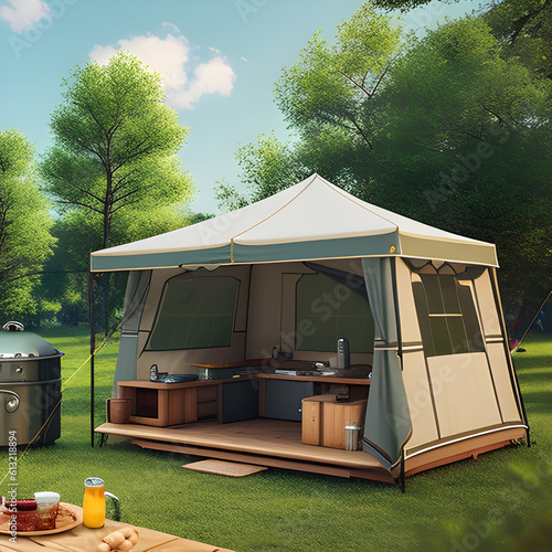 Outdoor kitchen equipment and wooden table in the campsite. A group of tents at a campsite in a natural park. generative AI