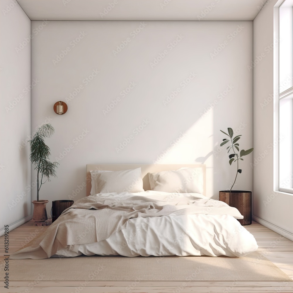 Bedroom interior mockup, cozy home room decor with wide empty wall, bed, blanket and carpet Generative AI