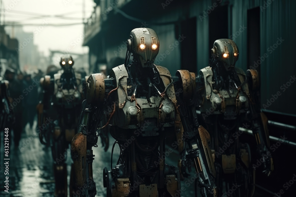 An army of law enforcement  robots in a post apocalyptic world.  Composite with different elements made with generative AI