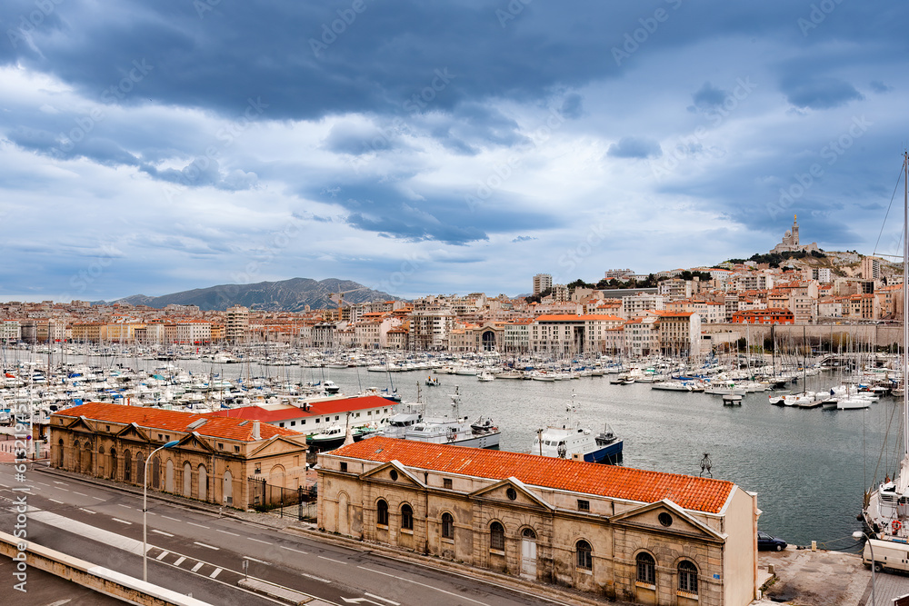 Panoramic view of the marina at Marseille, France