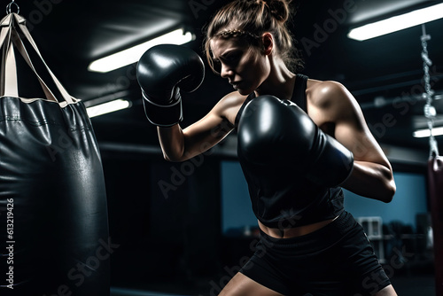 A beautiful woman practicing boxing in a gym. Composite with different elements made with generative AI