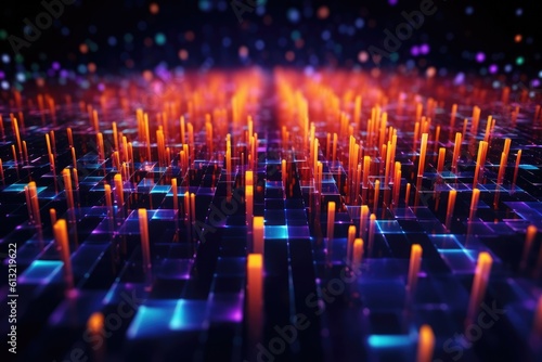 abstract technology digital wireframe with glowing particles. abstract digital landscape with lights columns in empty space, Motion of digital data flow background. generative AI