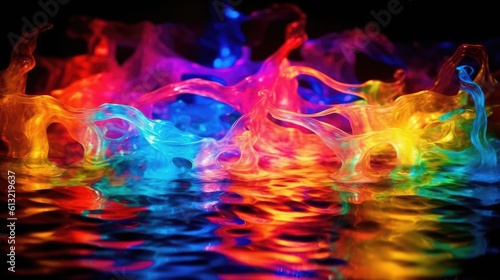 Colorful ink in water on a black background. Colorful water splashes and ripples on a black background. Abstract colorful rainbow water light steaks. Sparkling streams of color. generative AI