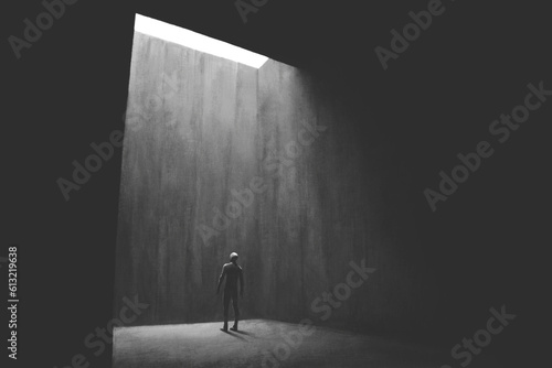 Illustration of lonely man dreaming of flying away, surreal abstract concept