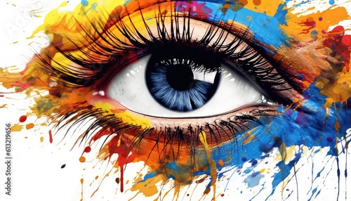Female eye with abstract paint splashes on white background, closeup Colorful abstract paint splatter closeup of eyes with eyelashes. Pretty iris and makeup. generative AI