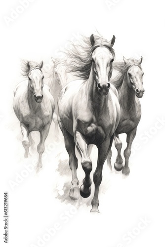 Galloping Horses on White Background. Fast movement, wind blowing in the manes of wild beautiful mustangs. Charcoal pencil Illustration drawing on white background. generative AI