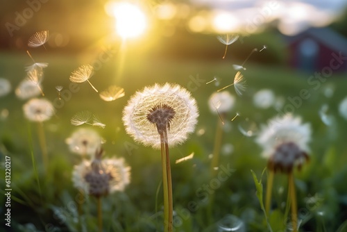Dandelion flower in the meadow at sunset. Beautiful nature background. Dandelion on the meadow in the rays of the setting sun, Fluffy flower weed in grass field. generative AI