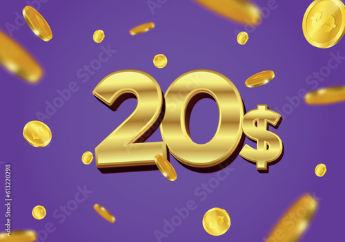 20 Dollar gift or offer poster with flying gold coins. Twenty Dollar coupon voucher, cash back banner special offer, casino winner. Vector illustration.