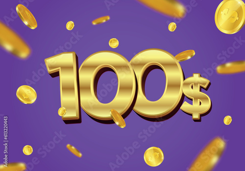 100 Dollar gift or offer poster with flying gold coins. One Hundred Dollar coupon voucher, cash back banner special offer, casino winner. Vector illustration.