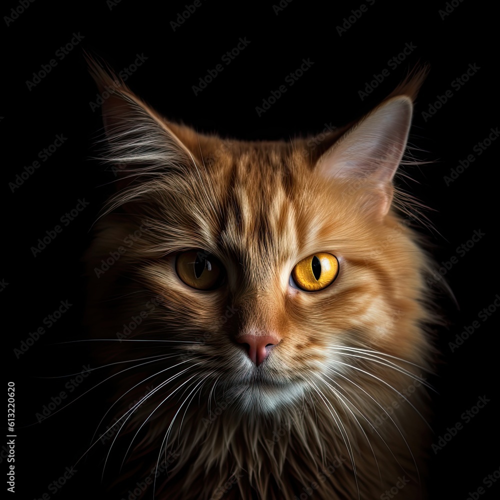 Adorable Orange Cat Closeup - Cuteness and Softness Captured in Black Background, Generative AI