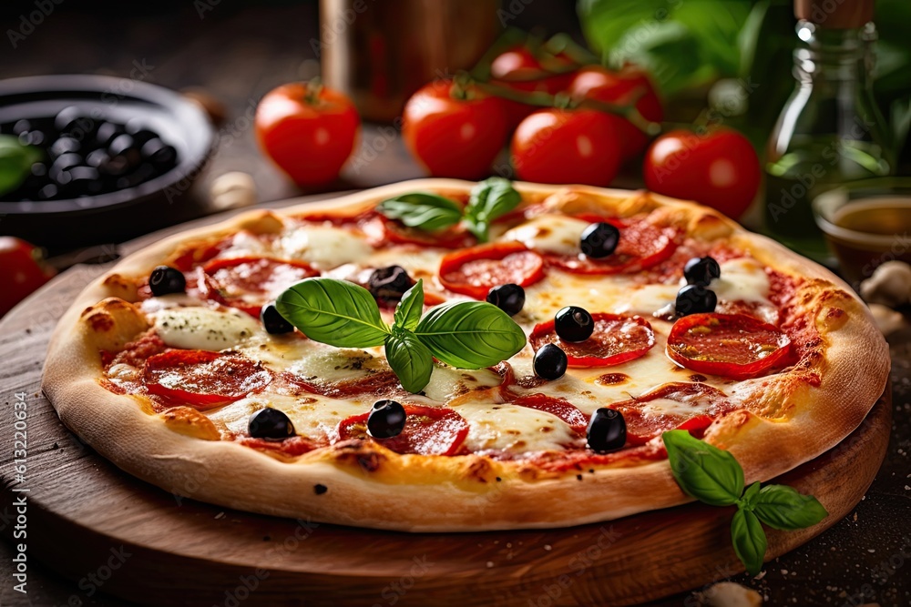 Authentic Italian Homemade Pizza Margherita with Olives, Basil and Tomatoes - A Delicious Mediterranean Meal, Generative AI