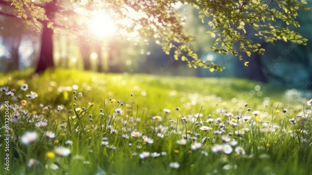 Fototapeta premium Beautiful spring landscape with blooming cherry tree and sun rays. blooming flowers and trees. Summer meadow field with grass and bokeh wallpaper landscape. generative AI