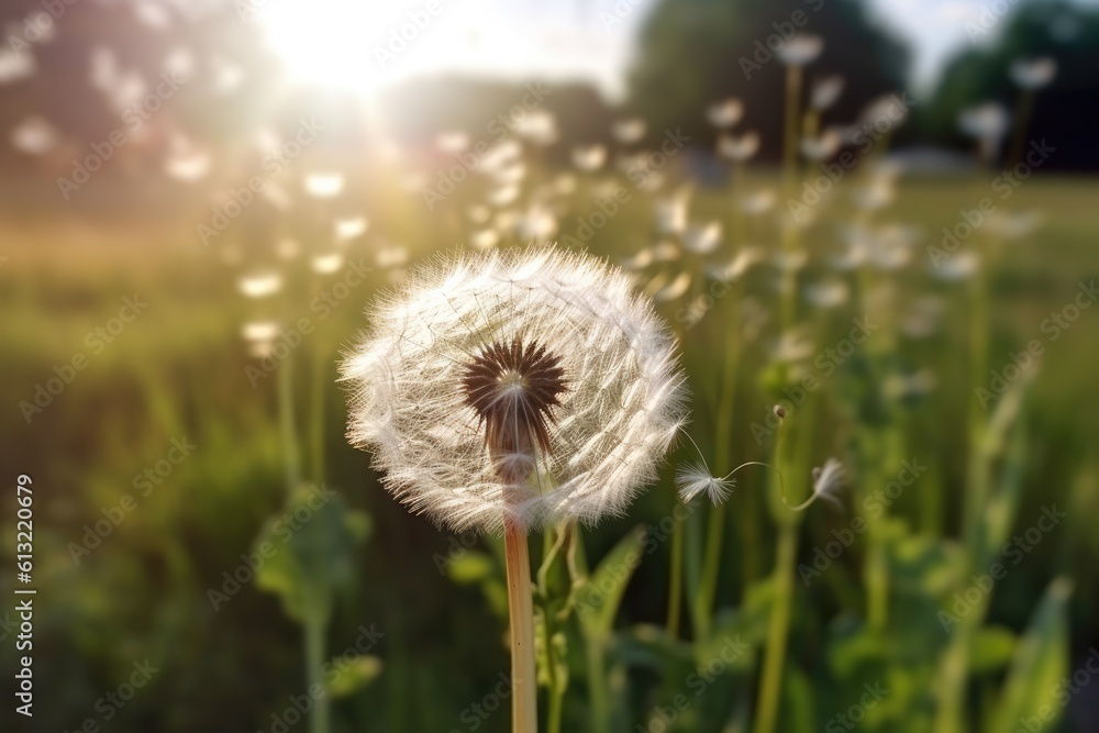 Dandelion on the meadow in the rays of the setting sun, Summer dandelion seed head in the wind. Fluffy flower weed in grass field. generative AI