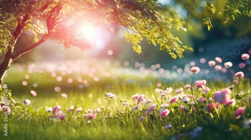 Beautiful spring landscape with blooming cherry tree and sun rays. blooming flowers and trees. Summer meadow field with grass and bokeh wallpaper landscape. generative AI