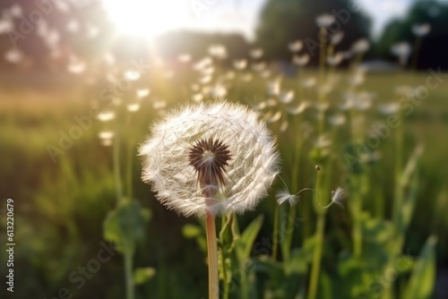 Dandelion on the meadow in the rays of the setting sun  Summer dandelion seed head in the wind. Fluffy flower weed in grass field. generative AI