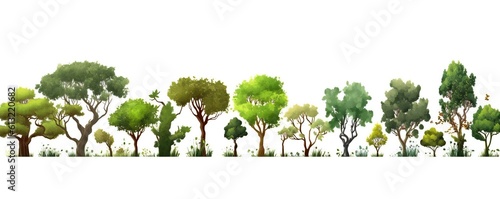 Collection of various types of trees like oak, spruce, dogwood, crape, koa, maple, willow, cherry, pine, palm on white background Generative AI photo