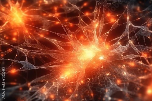 Closeup glowing neural connections. Sparks of inspiration and ideas. Chemical energy in the cells. neuron cell with neurons and nervous system. Abstract background. generative AI