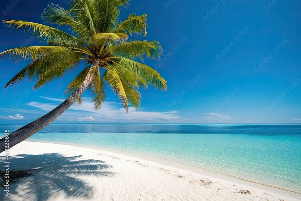 Paradise Awaits: A Tropical Beach Vacation with Palm Trees, Sand, Sea and Sky, Generative AI