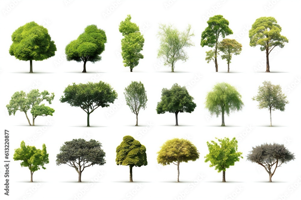 Collection of various types of trees like oak, spruce, dogwood, crape ...