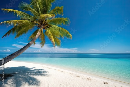 Paradise Awaits: A Tropical Beach Vacation with Palm Trees, Sand, Sea and Sky, Generative AI © AIGen