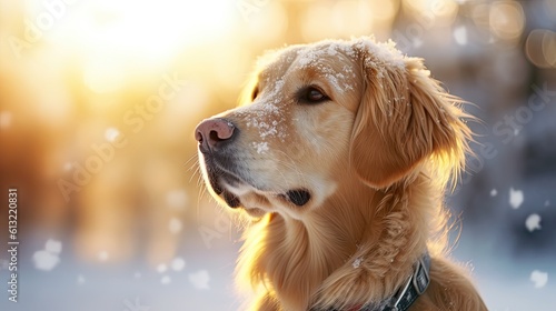 Winter's Chilly Kiss: A Golden Retriever's Face Covered in Snowflakes. Generative AI