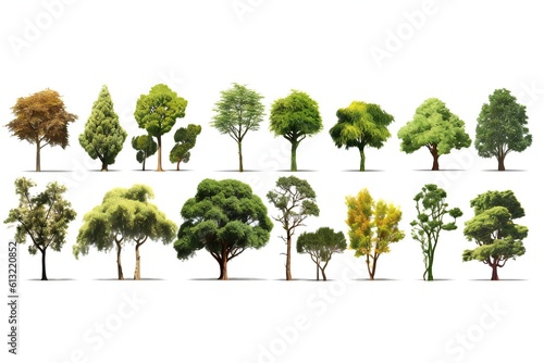 Collection of various types of trees like oak, spruce, dogwood, crape, koa, maple, willow, cherry, pine, palm on white background Generative AI