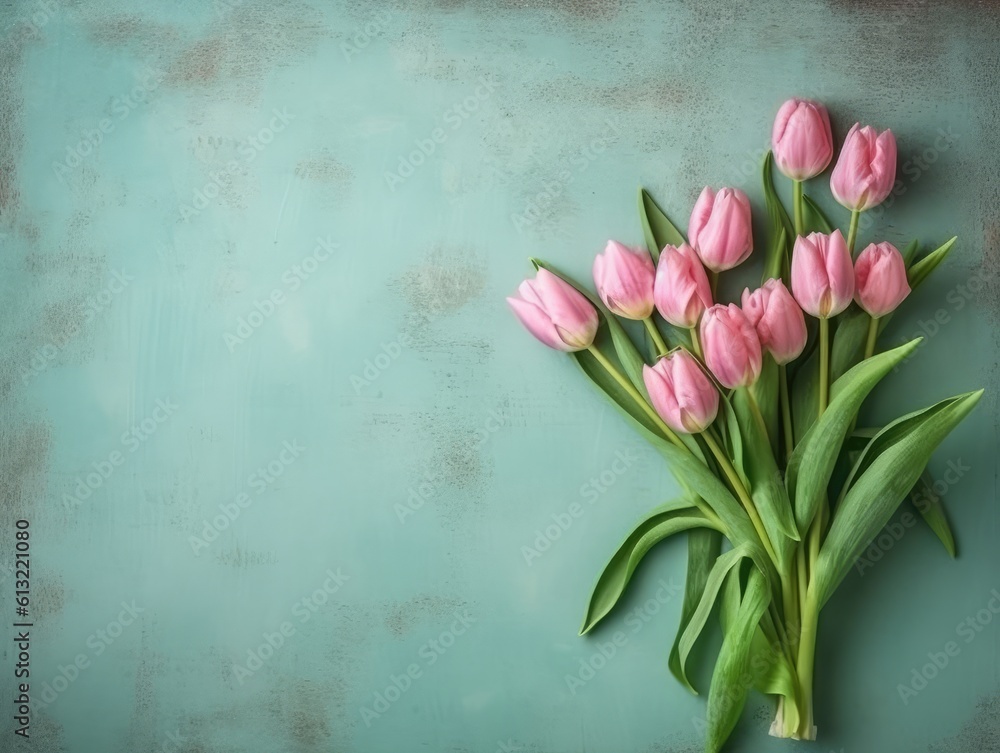 Bouquet of pink tulips on blue wooden background. Toned. Spring pink tulip bouquet on rustic weathered teal wall. copy space. Flower, floral wallpaper. generative AI Bouquet of pink tulips on blue wooden background. Toned. Spring pink tulip bouquet on rustic weathered teal wall. copy space. Flower, floral wallpaper. generative AI