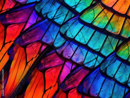 Macro shots, Beautiful nature scene. Butterfly Wing - closeup butterfly wing with rainbow colors. iridescent, background wallpaper texture. generative AI © matteo