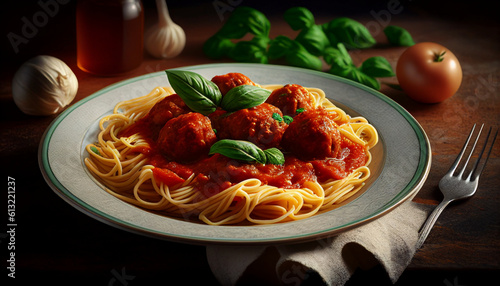 Spaghetti with meatballs, Delicious handmade meatballs in tomato sauce with spaghett, Generative AI