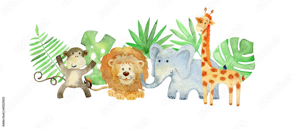 Obraz premium Watercolor arrangements with safari animals. Composition for greeting card and etc.