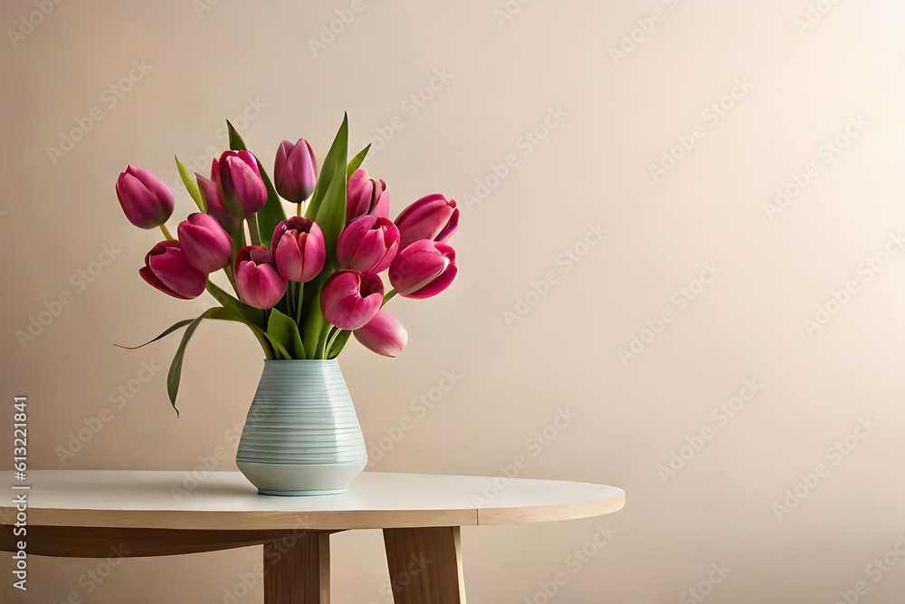 Tulip bouquet in a vase on a beige background with a wooden block sculpture as minimalist decor Tulip bouquet in a vase on a beige background with a wooden block sculpture as minimalist decor