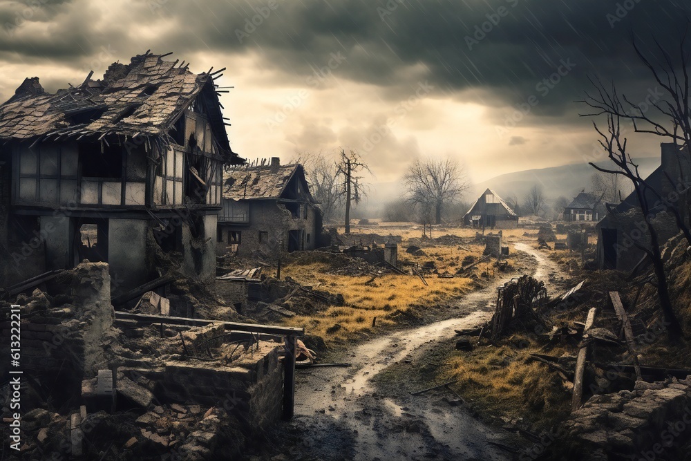 War torn village with destroyed old houses artwork related to Ukraine and Russia Generative AI War torn village with destroyed old houses artwork related to Ukraine and Russia Generative AI