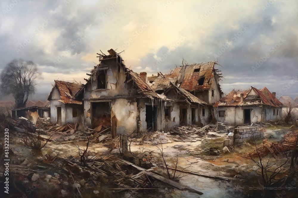 War torn village with destroyed old houses artwork related to Ukraine and Russia Generative AI