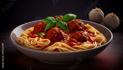 Spaghetti with meatballs, Delicious handmade meatballs in tomato sauce with spaghett, Generative AI
