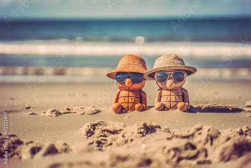 Generative AI illustration of wooden toys in sunglasses and sunhats sitting on sandy beach near waving sea on sunny day photo