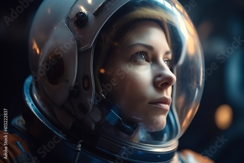 Generative AI illustration crop of portrait of serious young female astronaut in protective spacesuit and reflecting helmet looking away photo