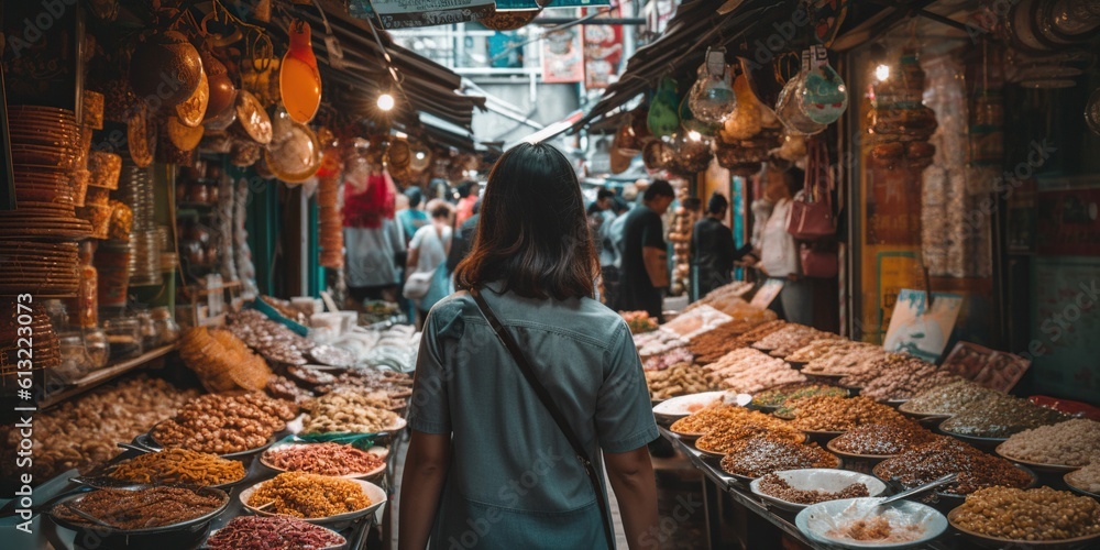 Person walks in the city market, sampling delicious street food and immersing themselves in the local culture, concept of Exploration of new sensory experiences, created with Generative AI technology