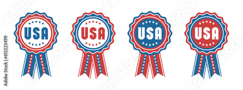 4 badges and ribbons set for USA independence day. American flag. Can be used for card, invitations. Isolated vector and PNG illustration on transparent background.
