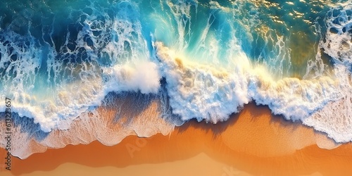 Aerial image of the shoreline s breaking waves. surf on a tropical beach. abstract ocean scene from above. Generative Ai.