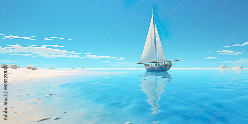 Aerial view illustration of beautiful sea and beach landscape and sailboat.summer or holiday background.generative ai art