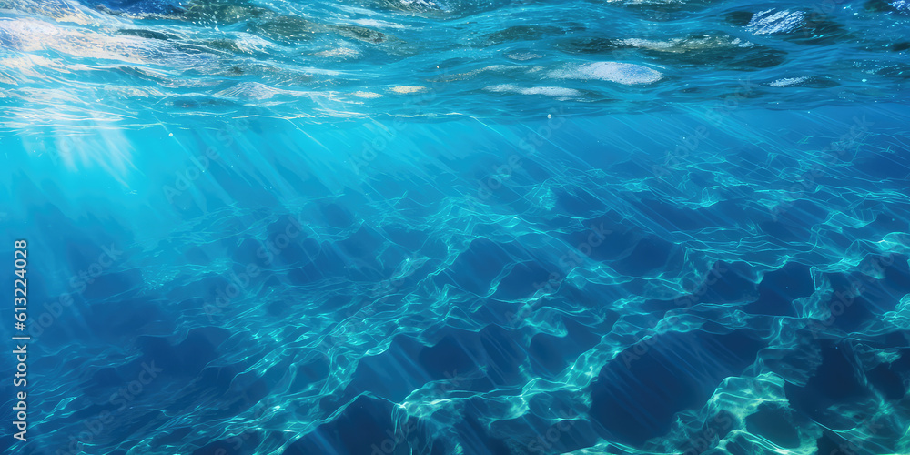Texture of shiny bright blue clear water under the sea. The texture of the ocean or sea on a sunny day, backdrop for web promotion. Generative AI professional photo imitation.