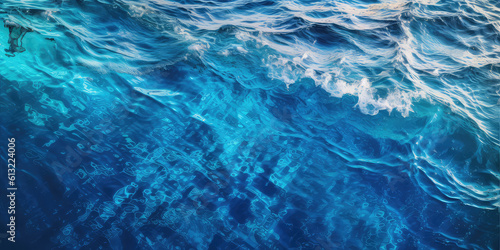 Texture of shiny bright blue clear water with small waves. The texture of the ocean or sea on a sunny day  backdrop for web promotion. Generative AI  photo imitation.
