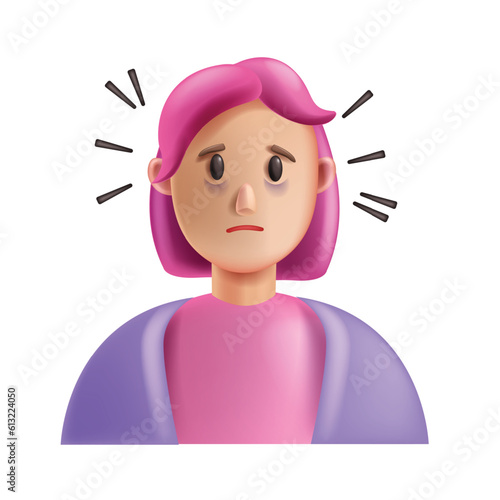 3D stress woman icon, vector fatigue shocked female cartoon character, exhausted nervous girl patient. Mental health problem concept, depressed ill lonely headache face, tired person. Stress woman