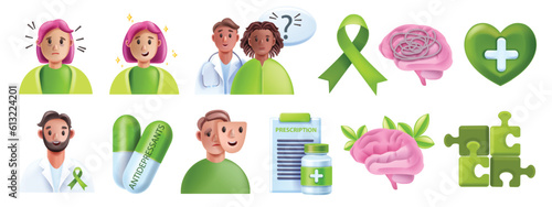 3D mental health icon set, medical psychiatrist vector illustration, tired bipolar patient, brain. Psychologist personal consultation, antidepressant support pills, prescription remedy. Mental health
