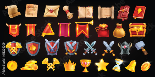 Fantasy game icon set, dragon dungeon UI medieval RPG object, magic parchment book, royal flag. Golden treasure chest, coin pile, wooden knight shield, sword, envelope, old map. Fantasy casino icon