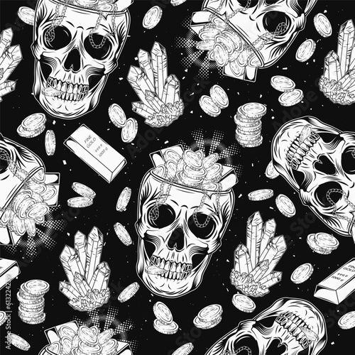 Pattern with gemstones, golden ingots, coins, human skull without top like cup, bowl, vase full of gold treasure. Fantasy concept of wealth. Print, clothing, t shirt, surface design in vintage style
