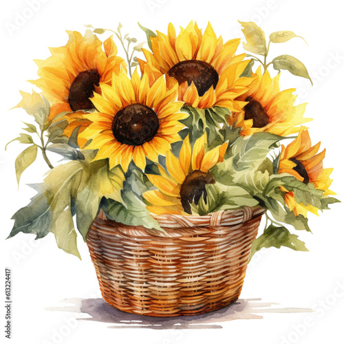 Sunflower Basket Farmhouse Watercolor Ai Generative Clipart PNG