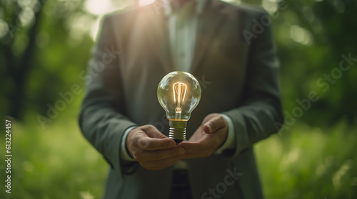 Man holding light bulb on nature background.Created with Generative AI technology.